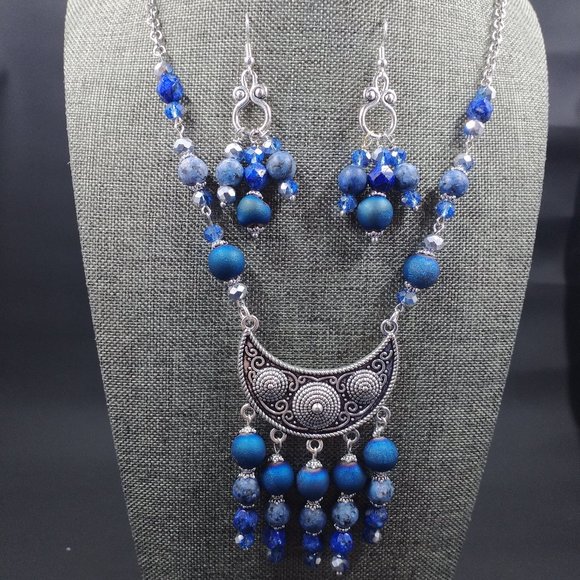 Handmade Boho Agate and Sesame jasper Chandelier necklace and earring set - Picture 1 of 3